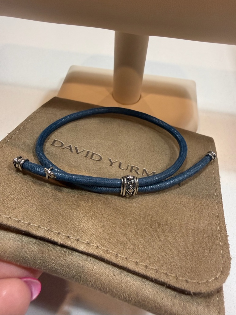 David Yurman Navy Blue Double-Wrap Leather Bracelet with Sterling Accents